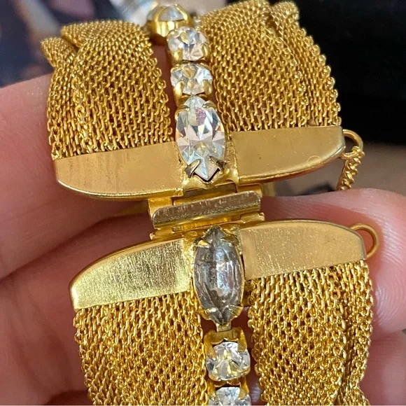 Wide Gold Mesh Bracelet with Clear Prong set Rhinestone Row. 7” - Picture 2 of 11